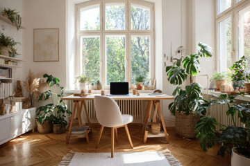 Bright Cozy Home Office with Natural Light, Indoor Plants, and Modern Boho-Scandinavian Desk Setup