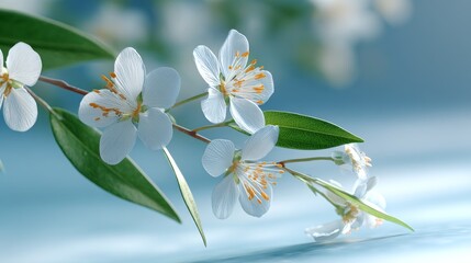 Obraz premium A close-up of white flowers with green leaves illuminated by soft light, showcasing delicate petals and vibrant foliage.