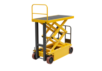 Yellow Scissor Lift Platform Industrial Equipment for Warehouse and Manufacturing isolated on transparent background
