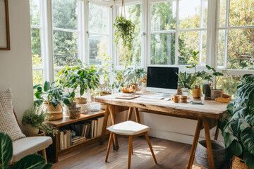 Obraz premium Bright Cozy Home Office with Natural Light, Indoor Plants, and Modern Boho-Scandinavian Desk Setup