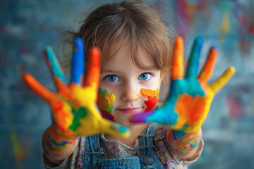Young Girl with Paint-Covered Hands Expressing Creativity and Joyful Childhood Against a Modern Background