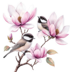 Two chickadees on a magnolia branch with pink blossoms, isolated on transparent background