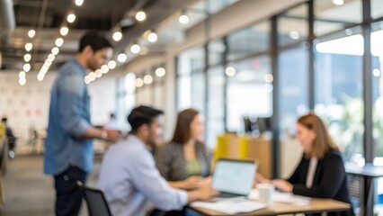Modern office with informal staff interaction — background bokeh highlighting productive environment