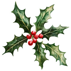 Watercolor holly leaves with red berries isolated on transparent background