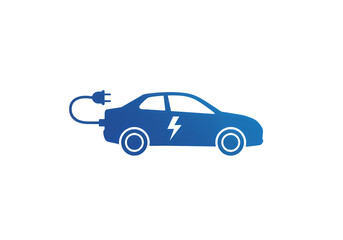 Electric Vehicle Icon: Blue Silhouette of a Car with Charging Cable isolated on transparent background