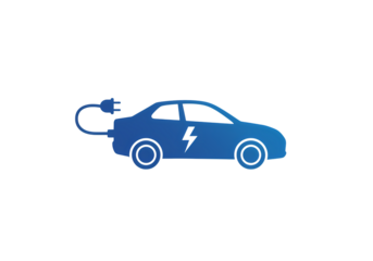Electric Vehicle Icon: Blue Silhouette of a Car with Charging Cable isolated on transparent background