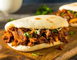Rou Jia Mo, Chinese flatbread sandwich, Delicious Birria Sandwich with Onions and Cilantro on a Wooden Board