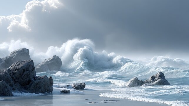 Powerful ocean waves crash against rugged rocks under a cloudy sky, creating dynamic water splashes and white foam.