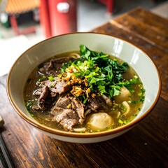 Lanzhou hand-pulled noodles, Delicious bowl of beef noodles with meat, meatballs, and herbs