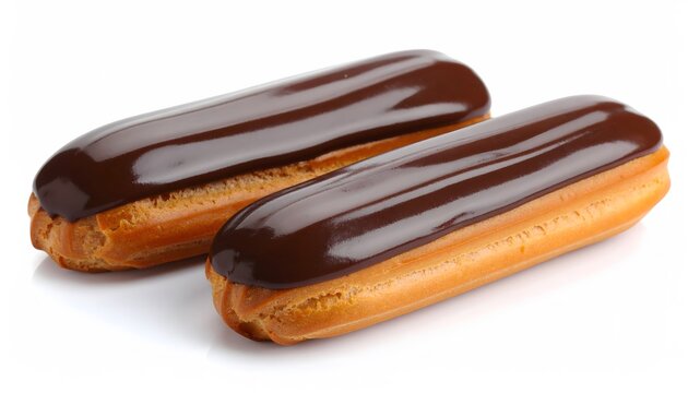 Two glossy chocolate eclairs on a white surface, studio shot