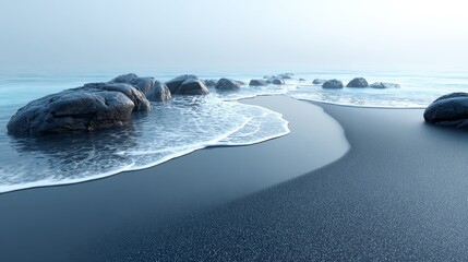Gentle waves lap at black sand and rocks under a misty, overcast sky, creating a serene coastal scene.