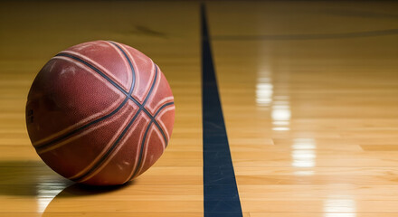 Naklejka premium Lone Basketball on a Polished Hardwood Court with a Reflective Leading Line.