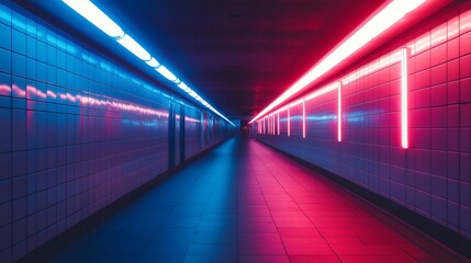 Fototapeta premium Neon-lit tunnel, vibrant blue and red lights illuminate a pathway
