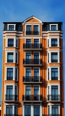 Fototapeta premium Orange apartment building against blue sky