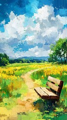 Painted landscape with a wooden bench on a path