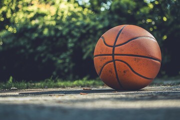 Orange basketball on ground, blurred garden background