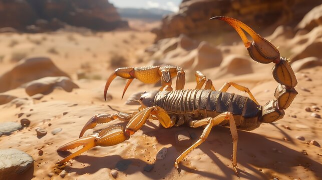 A detailed close-up of a scorpion showcasing its claws and tail in sharp focus. - Powered by Adobe