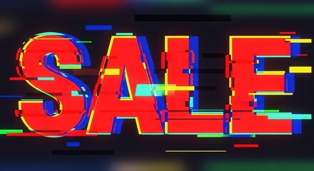 Dynamic glitch effect sale announcement with vibrant red lettering and digital distortion