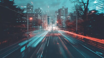 Obraz premium Night city street, blurred motion of cars