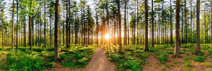 Sunlight streams through a dense forest.  A path winds through the trees.  Green undergrowth surrounds the path