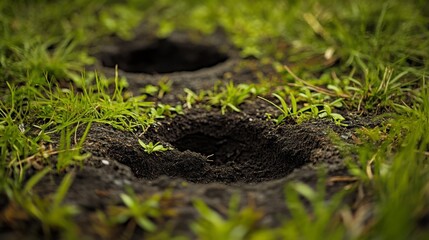 Fototapeta premium Close Up Of Small Holes In Dark Soil Surrounded By Green Grass