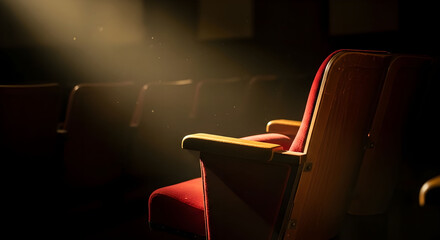 Solitary Red Theater Seat Bathed in a Dusty Golden Projector Beam.copy space