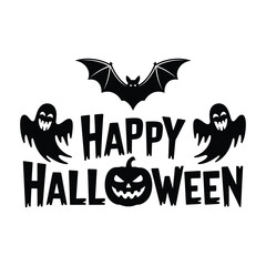 Fototapeta premium Happy Halloween vector with ghosts, bats, and a pumpkin, great for a spooky holiday design or banner.