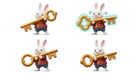 Cute white rabbit holding golden key illustration set