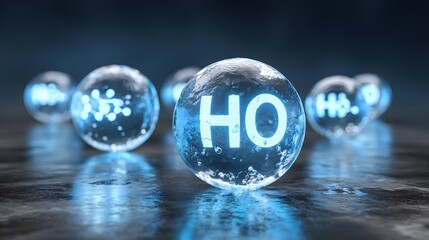 Frozen water molecule spheres illuminated in a dark scene.