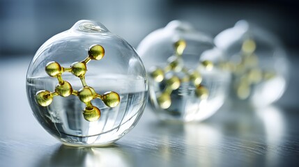 Chemical structure displayed within glass spheres.