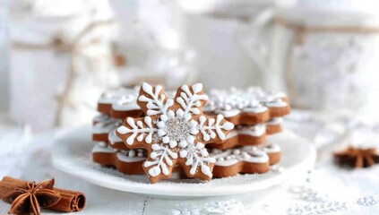 Stacked gingerbread cookies decorated with white icing and snowflake designs, resting on a white plate.  Blurred white background with more cookies, gift wrapping, and spices