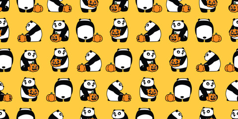 bear panda seamless pattern pumpkin halloween cartoon jack o lantern polar bear vector doodle teddy scarf isolated gift wrapping paper tile background repeat wallpaper illustration orange design