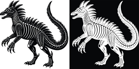 Spooky dragon skeleton in black and white, perfect for Halloween decor or gothic designs