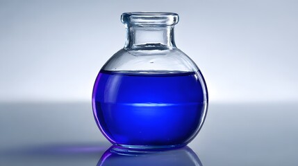 Close-up of a round glass bottle filled with vibrant blue liquid.