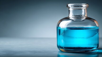 Clear glass bottle filled with vibrant blue liquid against a muted background.