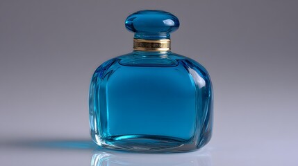 A vibrant, glossy blue glass perfume bottle.