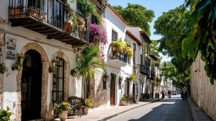 Fototapeta premium Charming colonial street with colorful flowers and historic architecture. Santo Domingo Celebrations Start
