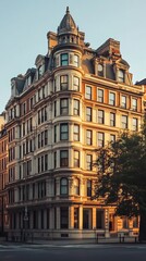 Obraz premium Ornate, multi-story building corner, sunrise light