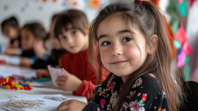 Smiling young caucasian girl in colorful classroom with peers engaged in creative activity. Teacher's Day in Uzbekistan