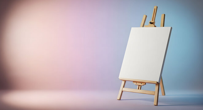 Awaiting Inspiration - Blank Canvas on a Wooden Easel in a Softly Lit Pastel Studio.copy space