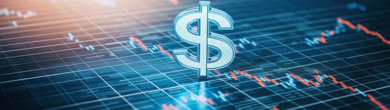 A prominent dollar sign symbol representing currency exchange rates is overlaid on a detailed financial chart illustrating stock market trends global economic growth and investment analysis.