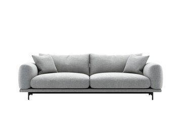 Fototapeta premium Light grey fabric sofa with two pillows and thin black legs isolated on a transparent background couch