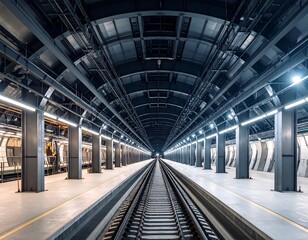 Modern, empty train station platform with dark metallic supports and a long perspective down the tracks