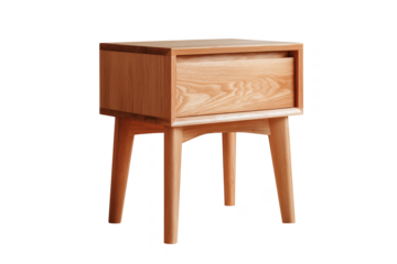 Light wood bedside table with one drawer and angled legs isolated on a transparent background furniture