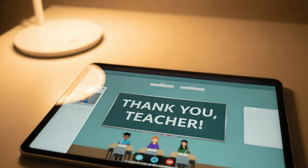 Digital holiday message displayed on tablet with thank you, teacher note. World Teachers Day
