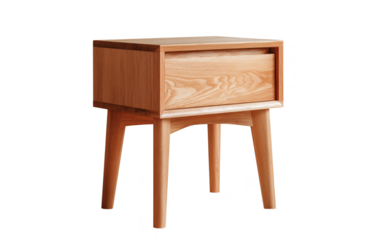 Light wood bedside table with one drawer and angled legs isolated on a transparent background furniture