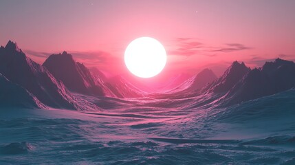 Pink sunset over a snow-capped, mountainous landscape