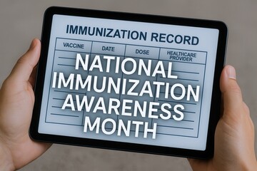 Hands holding tablet displaying immunization record for National Immunization Awareness Month