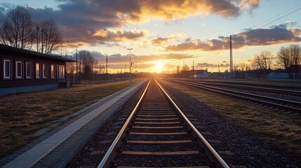 Obraz premium Railroad tracks stretching into a vibrant sunset