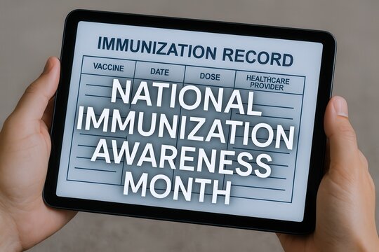 Hands holding tablet displaying immunization record for National Immunization Awareness Month - Powered by Adobe